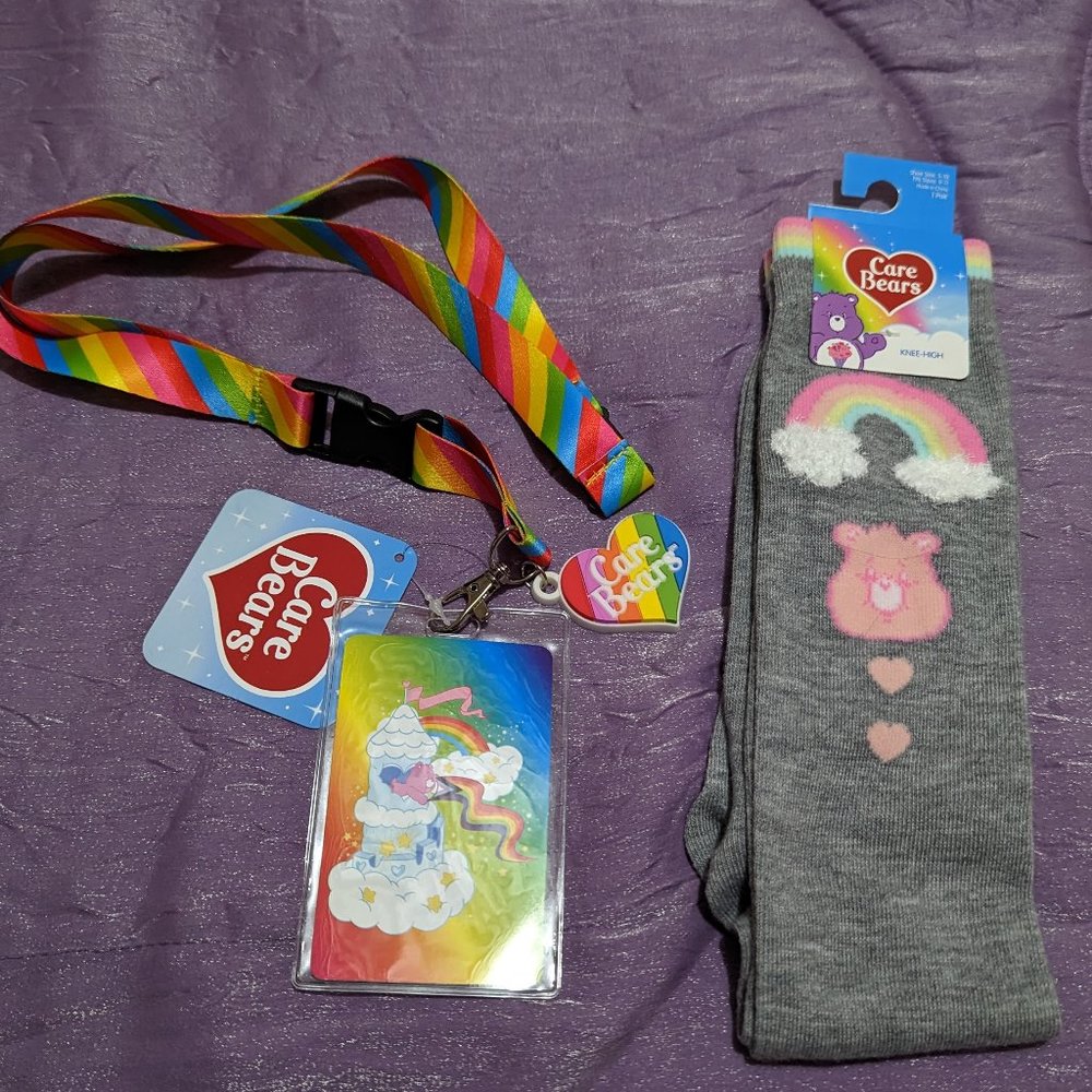 Care Bears Rainbow Pride Lanyard & Cheer Bear Knee High Socks NWT!